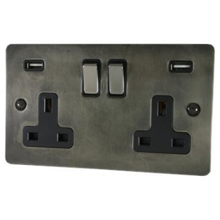 Flat Slate Effect Double Socket with USB (Black Nickel Switches)